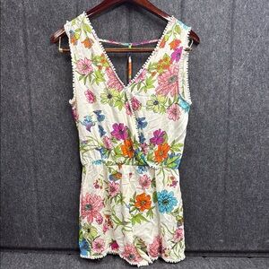 White and Pink Floral V-Neck Jumpsuit with Elastic Waist